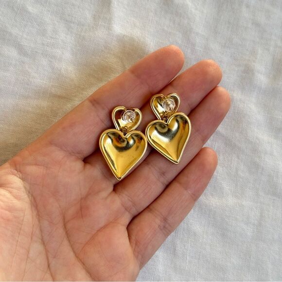 Puffed Double Heart Gold Valentine Earrings OS - Picture 8 of 10